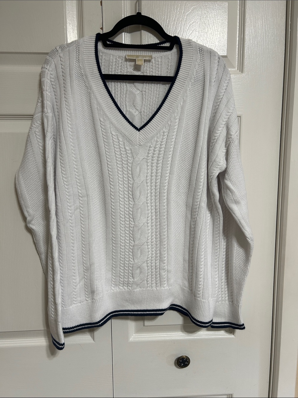 Michael Kors White Cable-Knit V-Neck Sweater with Navy Trim